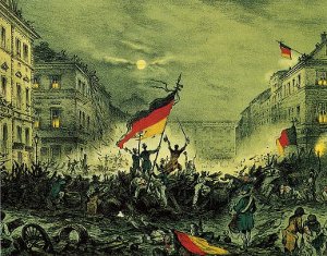 Jubelnde Revolutionäre nach Barrikadenkämpfen in Berlin am 19. März 1848