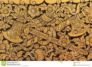 Mural painting of war axes and floral motif that depict around reclining buddha hall