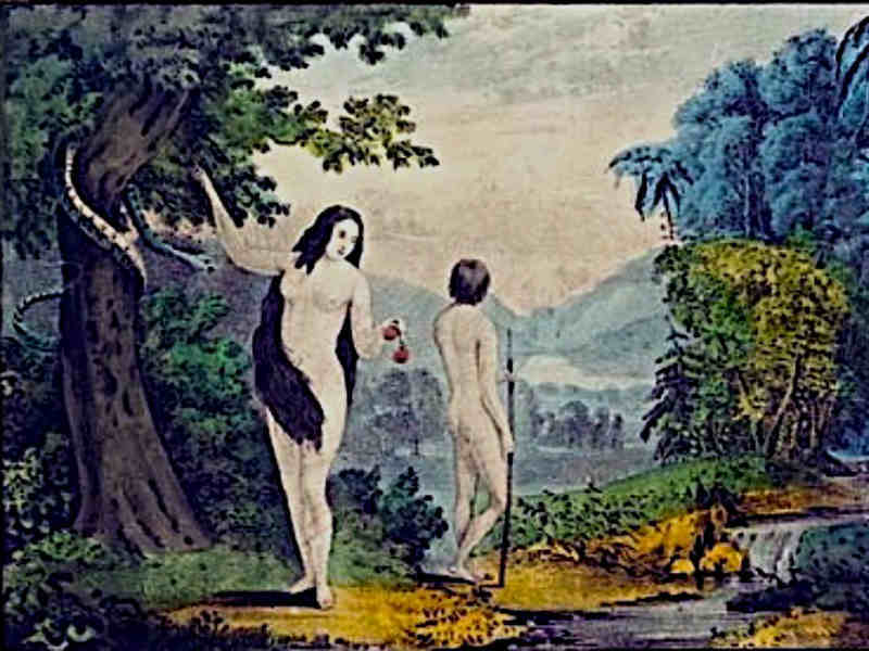 ”Adam och Eva i Edens trädgård”, litografi av Nathaniel Currier (1813–1888)