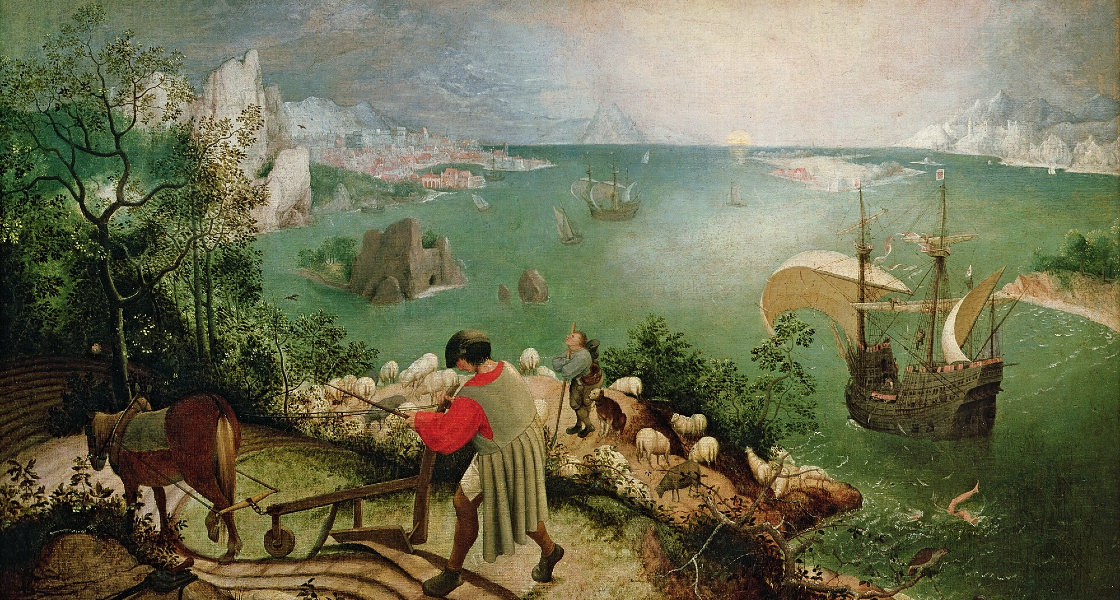Pieter Brueghel d.ä., "Landskap med Ikaros fall" (c. 1560).